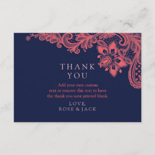 Elegant Navy & Coral Lace Wedding Thank You Cards
