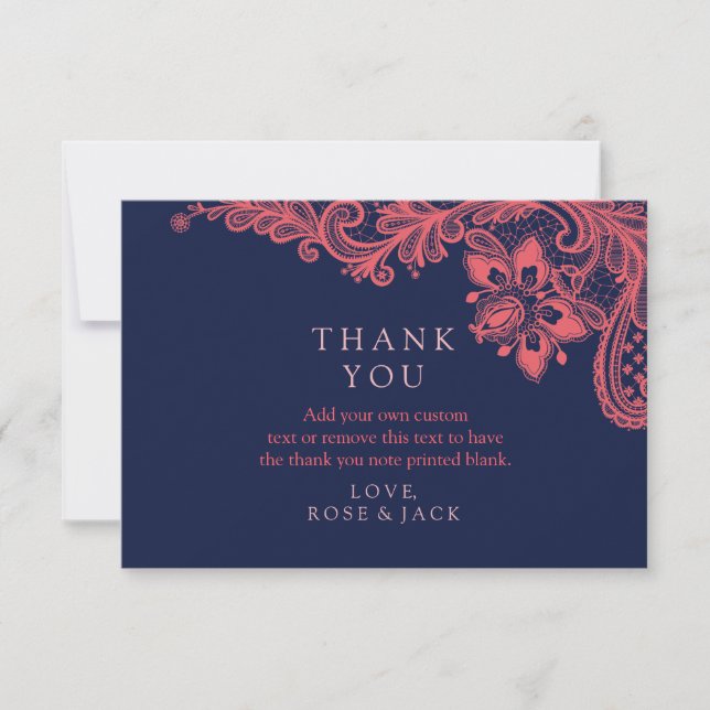 Elegant Navy & Coral Lace Wedding Thank You Cards (Front)