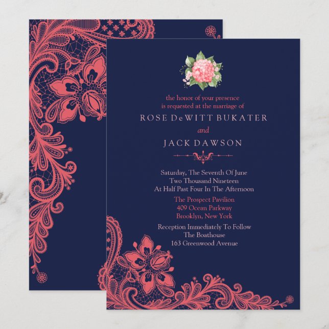 Elegant Navy & Coral Wedding Invitations (Front/Back)