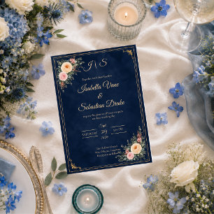 Elegant Navy Corner Floral Wedding Invitation