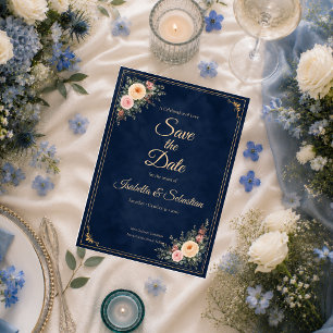 Elegant Navy Corner Floral Wedding Save The Date