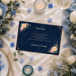 Elegant Navy Corner Floral Wedding Thank You Card