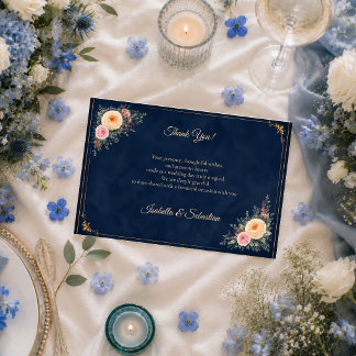 Elegant Navy Corner Floral Wedding Thank You Card
