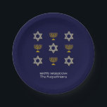 Elegant Navy Custom Hanukkah  Paper Plate<br><div class="desc">Elegant HAPPY HANUKKAH paper plates showing faux gold and silver STAR OF DAVID and MENORAH in a tiled pattern against a rich NAVY BLUE background. Text reads HAPPY HANUKKAH with a placeholder name, and is CUSTOMIZABLE, so you can PERSONALIZE it by adding your name or other text. Ideal for Hanukkah...</div>