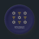 Elegant Navy Custom Hanukkah  Paper Plate<br><div class="desc">Elegant HAPPY HANUKKAH paper plates showing faux gold and silver STAR OF DAVID and MENORAH in a tiled pattern against a rich NAVY BLUE background. Text reads HAPPY HANUKKAH with a placeholder name, and is CUSTOMIZABLE, so you can PERSONALIZE it by adding your name or other text. Ideal for Hanukkah...</div>