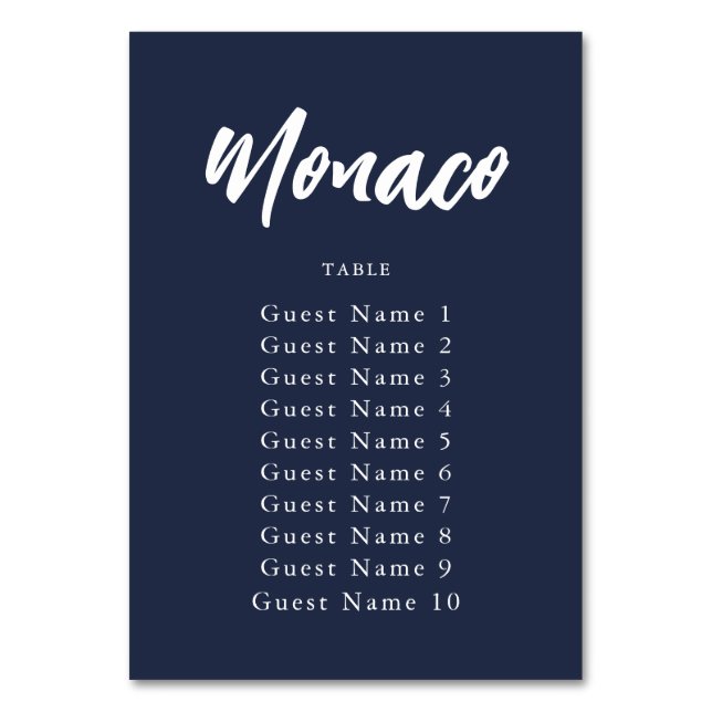Elegant Navy Custom Table Name Seating Assignment Number (Front)