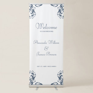 Elegant Navy Damask Wedding Welcome Retractable Banner