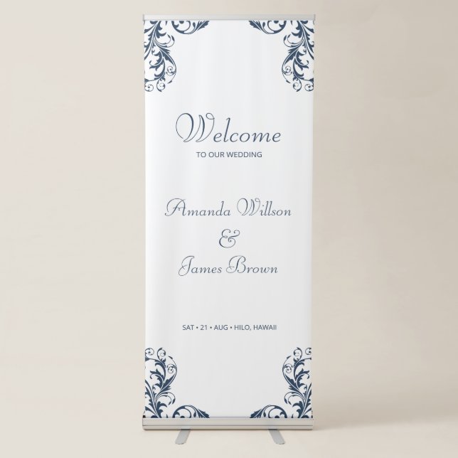 Elegant Navy Damask Wedding Welcome Retractable Banner (Front)