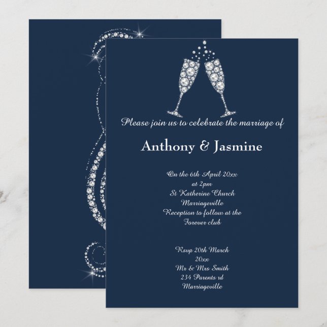 ELEGANT NAVY DIAMOND SWIRL CHAMPAGNE GLASS WEDDING INVITATION (Front/Back)