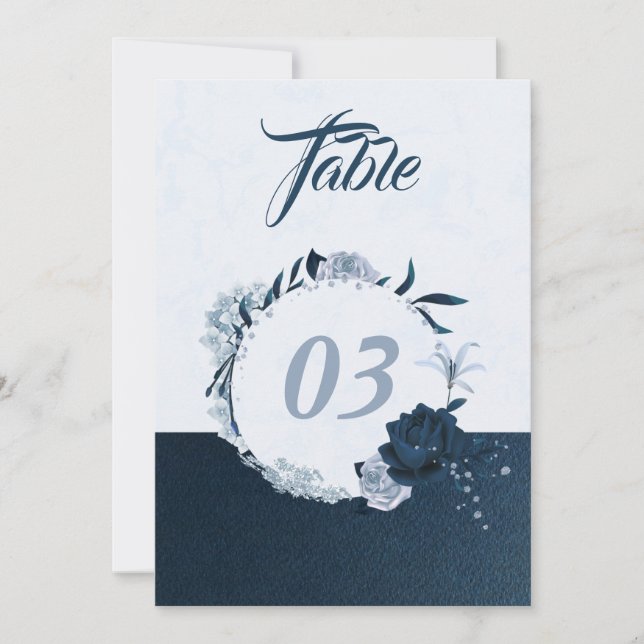 Elegant navy & dusty blue floral table number (Front)