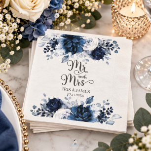 Elegant Navy Dusty Blue Floral Wedding Mr & Mrs Napkin