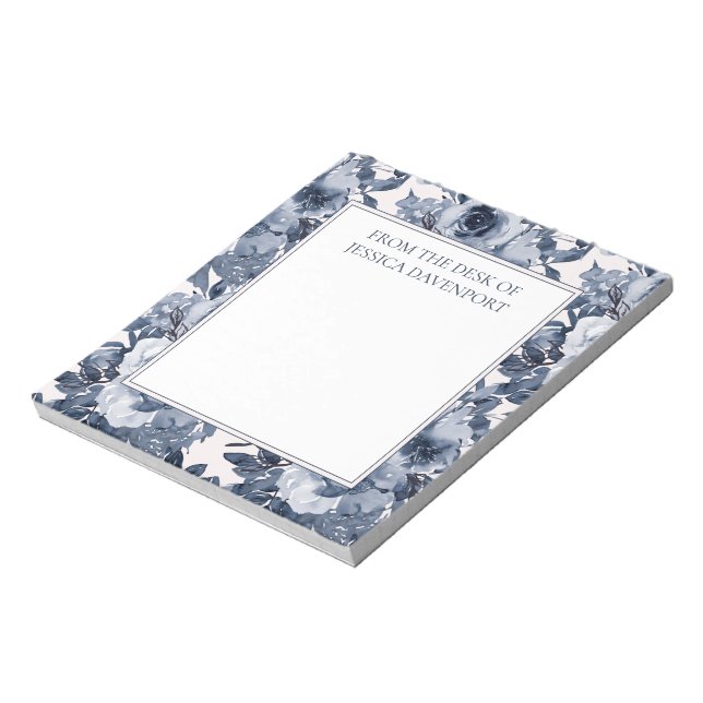 Elegant Navy Dusty Blue Floral White From Desk Notepad (Rotated)