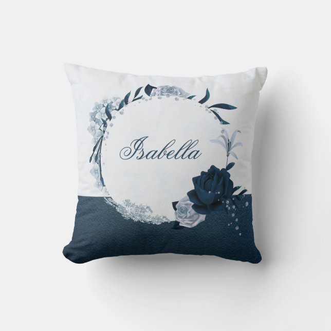 Elegant navy & dusty blue floral wreath  cushion (Front)
