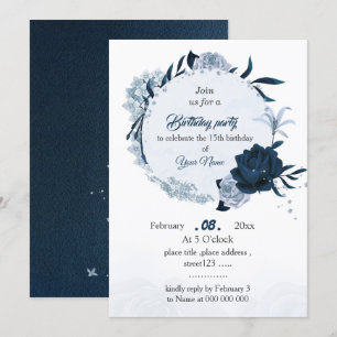 elegant navy & dusty blue flowers birthday party invitation