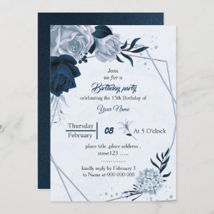 elegant navy dusty blue flowers birthday party invitation