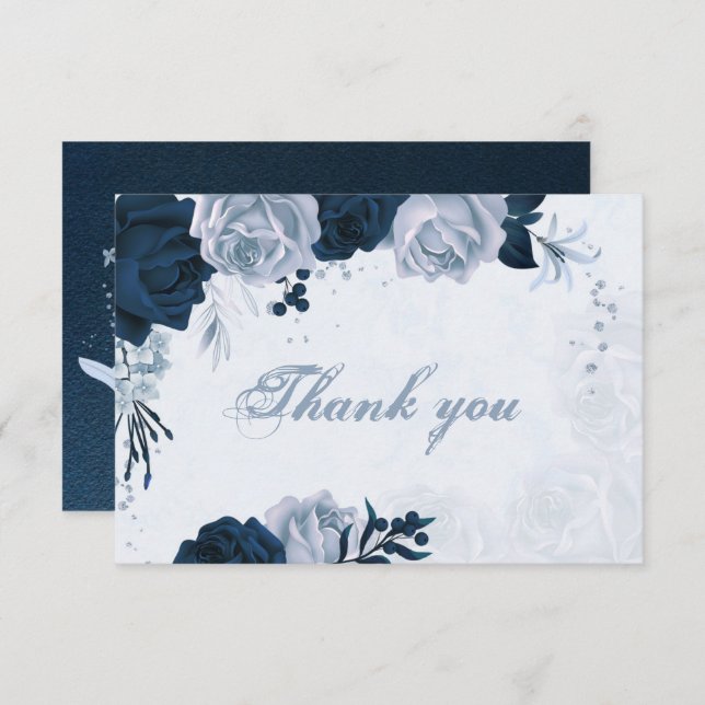 elegant navy & dusty blue flowers botanical  thank thank you card (Front/Back)