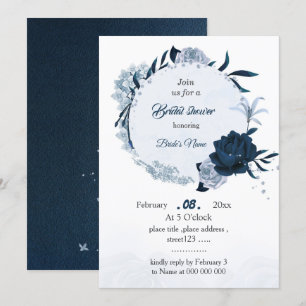 elegant navy & dusty blue flowers bridal shower invitation