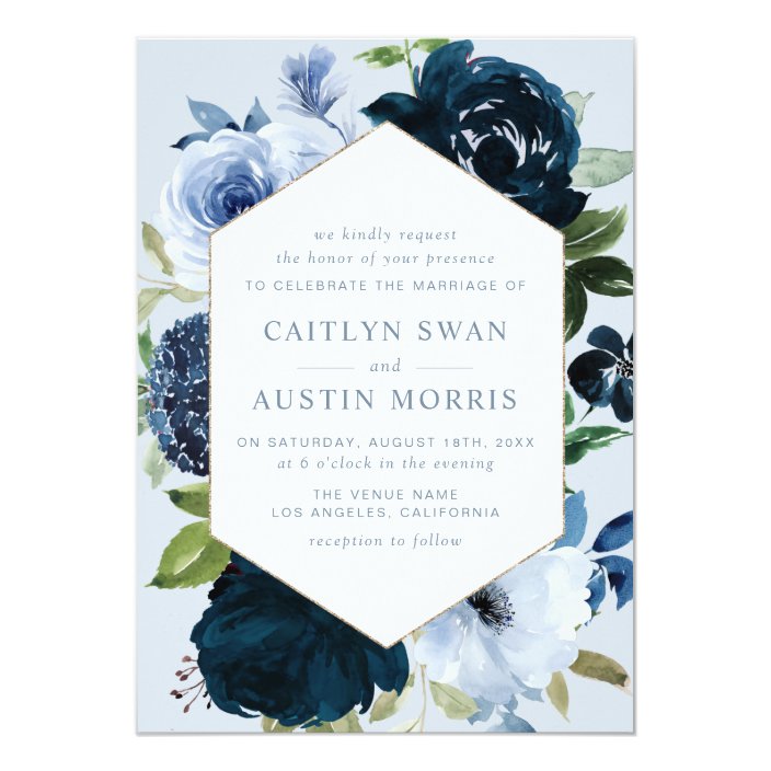 Elegant Navy & Dusty blue flowers wedding Invitation