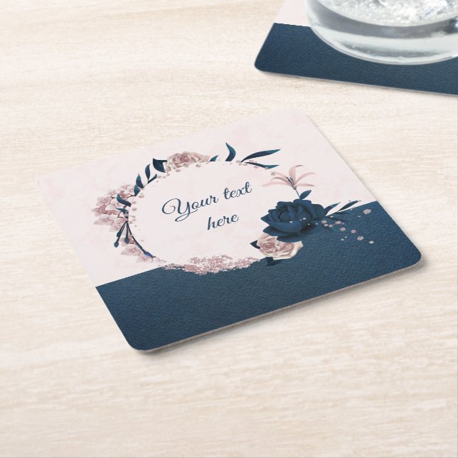 Elegant navy & dusty rose floral wreath square pap paper coaster (Angled)