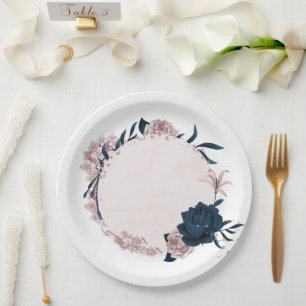 elegant navy & dusty rose flowers botanical paper plate