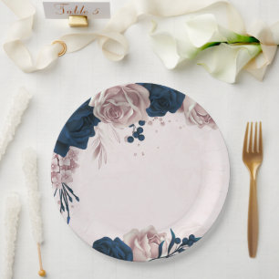 elegant navy & dusty rose flowers botanical paper plate