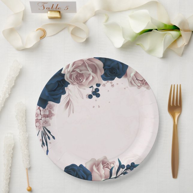 elegant navy & dusty rose flowers botanical paper plate (Wedding)