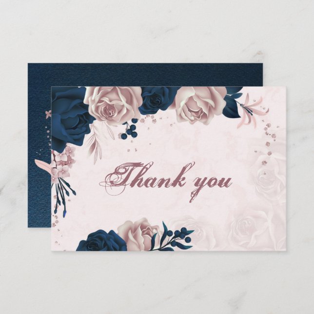 elegant navy & dusty rose flowers botanical thank  thank you card (Front/Back)