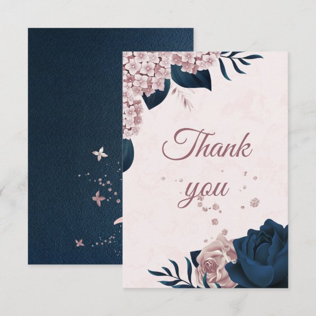 elegant navy & dusty rose flowers botanical  thank thank you card (Front/Back)