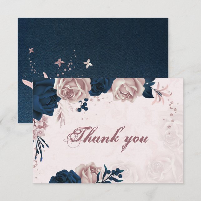elegant navy & dusty rose flowers botanical thank  you card (Front/Back)