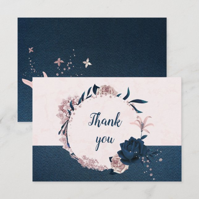 elegant navy & dusty rose flowers botanical wreath thank you card (Front/Back)