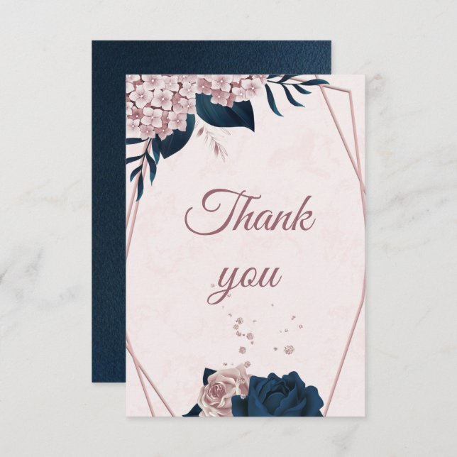 elegant navy & dusty rose flowers geometric thank  thank you card (Front/Back)