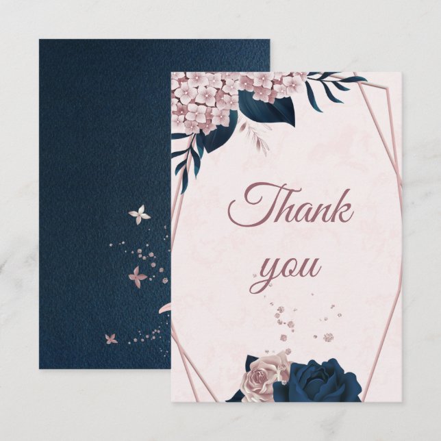 elegant navy & dusty rose flowers geometric thank  you card (Front/Back)