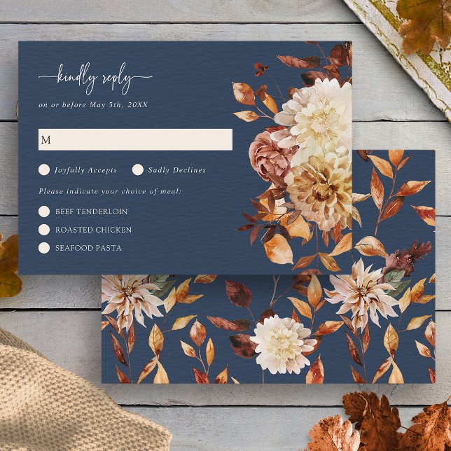Elegant Navy Fall Leaves Floral RSVP Card (Elegant Navy Blue Fall Leaves Floral RSVP Card by Painted Paperie
)