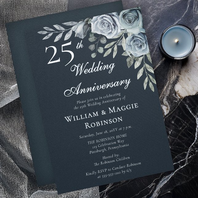 Elegant Navy Floral 25th Wedding Anniversary Invitation (Elegant navy floral 25th anniversary invitation with romantic watercolor roses)