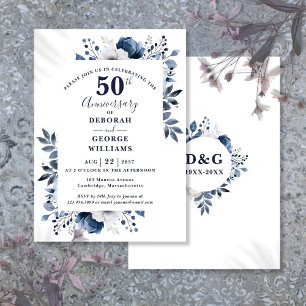Elegant Navy Floral 50th Wedding Anniversary  Invitation