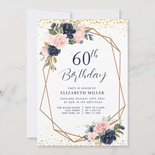 elegant navy floral 60th birthday party invitation (Front)
