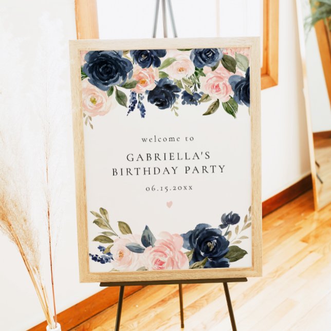 Elegant Navy Floral Birthday Party Welcome Poster (Creator Uploaded)
