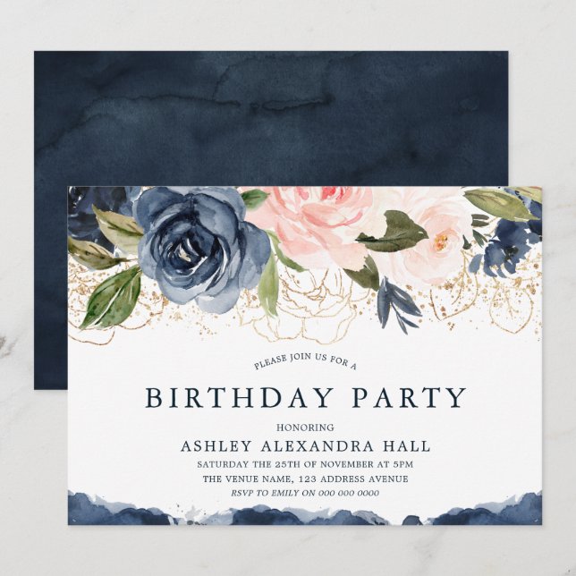 Elegant Navy Floral Gold Blush Birthday Party Invitation (Front/Back)