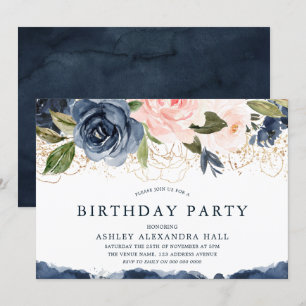 Elegant Navy Floral Gold Blush Birthday Party Invitation