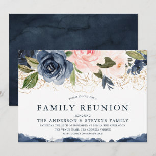 Elegant Navy Floral Gold Blush Family Reunion Invitation