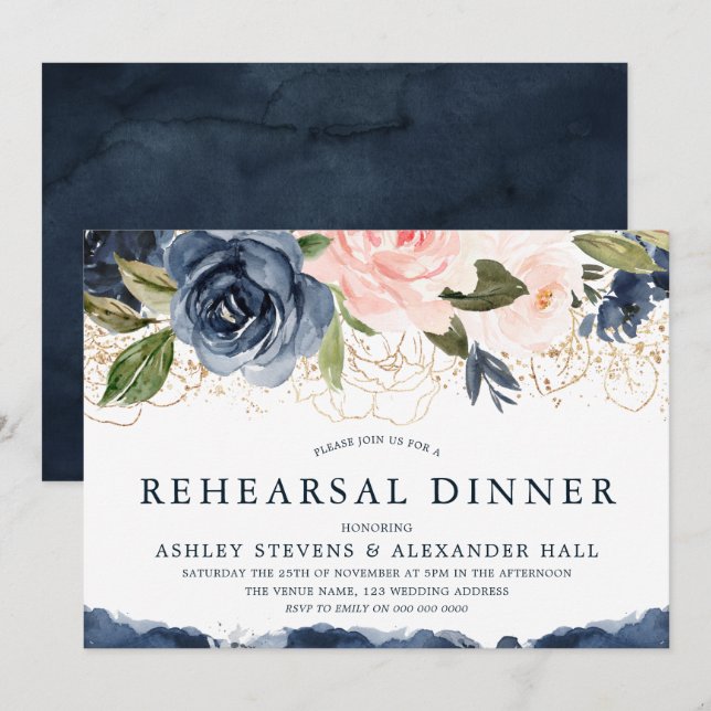 Elegant Navy Floral Gold Blush Rehearsal Dinner Invitation (Front/Back)