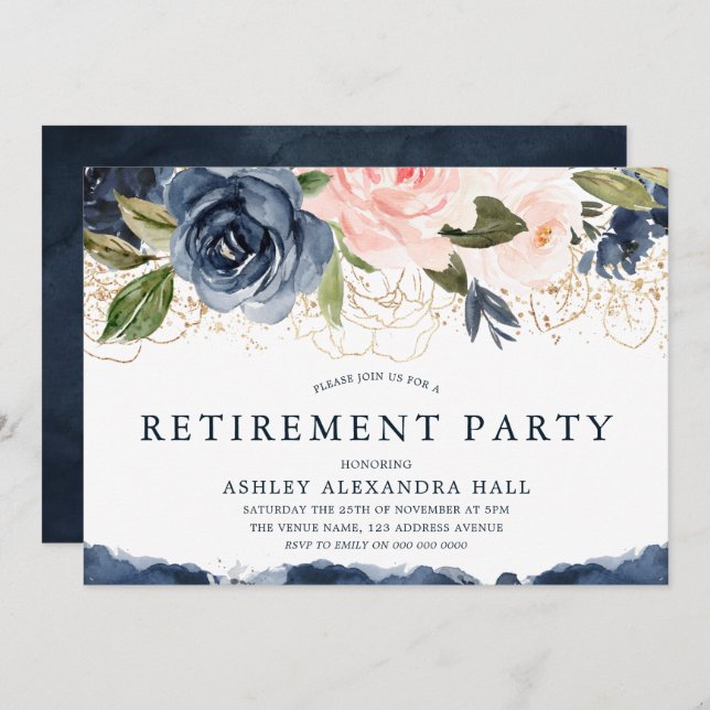 Elegant Navy Floral Gold Blush Retirement Party Invitation (Front/Back)