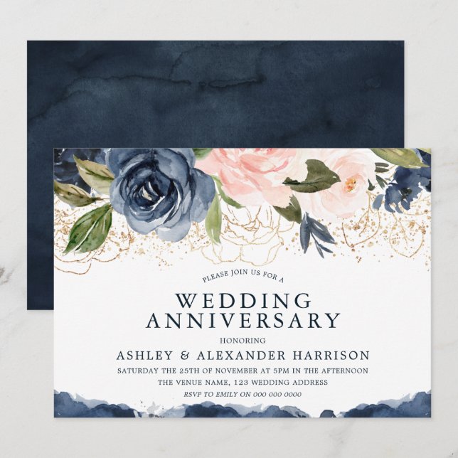 Elegant Navy Floral Gold Blush Wedding Anniversary Invitation (Front/Back)