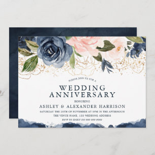 Elegant Navy Floral Gold Blush Wedding Anniversary Invitation