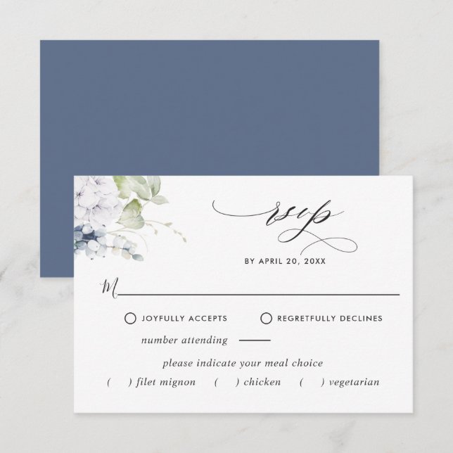 Elegant Navy Floral, Meal Options Wedding RSVP Card (Front/Back)