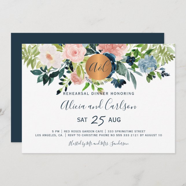 Elegant navy floral monogrammed rehearsal dinner invitation (Front/Back)