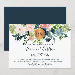 Elegant navy floral monogrammed rehearsal dinner invitation