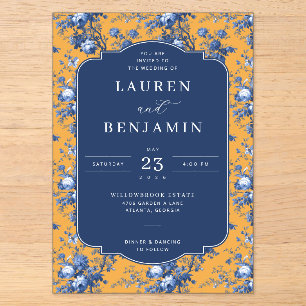 Elegant Navy Floral Mustard Acrylic Invitations