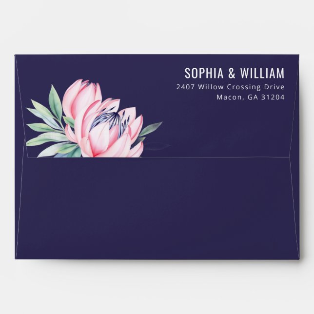 Elegant Navy Floral Protea Illustration Envelope (Back (Top Flap))
