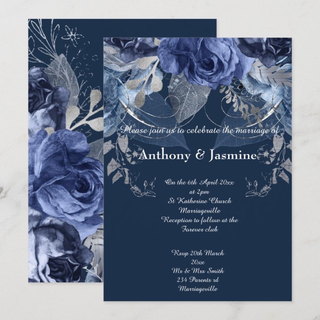 ELEGANT NAVY FLORAL ROSE WEDDING INVITATION (Front/Back)